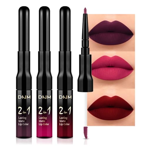 Image of evpct 3Pcs Dark Plum Purple Rose Dark red Matte Lip Liner Pencil and Liquid Lipstick Sets for Women Long Lasting Waterproof, 24 Hour Lipstick Lip Stick /Gloss Set labiales mate 24 horas originales, 01