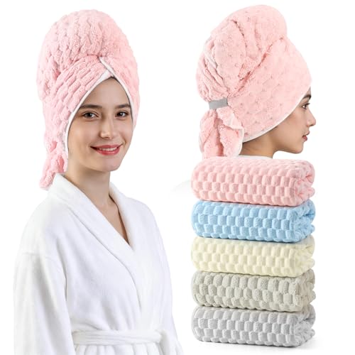 Image of REDKISS 5 Pack Extra Large Hair Towels - Microfiber Hair Towel Wrap for Women, 23 x 47 inches Hair Towels with Elastic Strap, Super Soft Hair Drying Towels for Long, Thick, Curly Anti Frizz Turbans