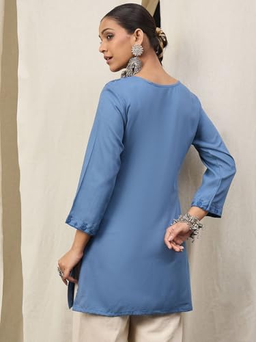 Image of Amazon Brand - Tavasya Women Embroidered Thread Work Shorts Kurti Top Tunic
