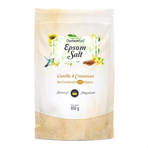 Nortembio Sales de Epsom 100% Fragancia Vainilla y Canela 850 g – Fuente Natural de Magnesio | Con Vitamina C y E Hidratante | Para Baños Relajantes, Spa y Cuidado de la Piel + E-Book Gratis