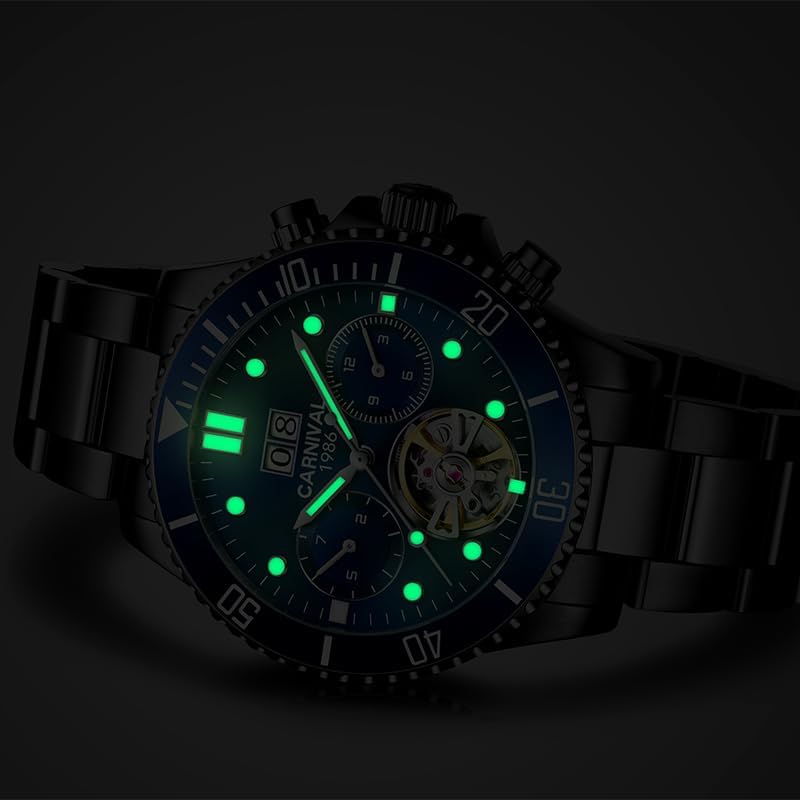 Carnival Skeleton Men's Watch,Luxury Stainless Steel Sports Automatic Mechanical Wristwatch,100FT Waterproof Hands Self-Wind Watchwaterproof