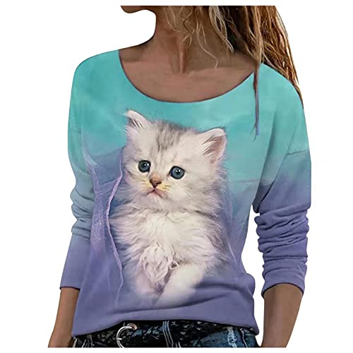 DACONGMING T-Shirt décontracté à Manches Longues et à Motif de Couleur Unie pour Femmes col Rond Motif Chaton Mignon imprimé Chat T-Shirt,Les Amoureux des Chats doivent l'acheter ! Cover