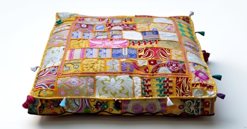Handmade Square Yellow Patchwork Pouf Cover 35 Inch Ottoman Cover Embroidered Cotton Floor Cushion Cover Boho Indian Decorative Floor Pillow Meditation Cushion for Living Room Bedroom (Cover Only)