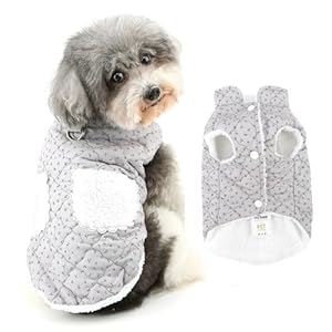 Ranphy Floral Fleece Lined Quilted Jacket for Female Small Dog Padded Puppy Winter Coat Sleeveless Pockets Windproof Yorkie Chihuahua Warm Clothes with Leash Ring Cat Clothing,Grey,M