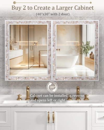 Image of 20 inchx26 inch Hand-Inlaid Natural Shell White Medicine Cabinet Mirror for Bathroom, Bedroom, Living Room, Entryway, Easy to Install Left or Right Opening Bathroom Wall Cabinet Recessed and Surface Mount