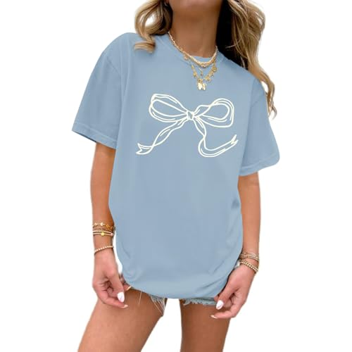 Weripoah Bow Oversized Shirts for Girls Graphic Cute Shirt for Teen Preppy Aesthetic Tshirt Girls Summer Casual Coquette Top(Lightgrayblue S)