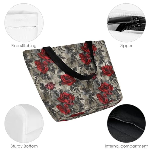 Red Flowers And Blue Palm Leaves Tote Bag for Women Reusable Shopping Bag Beach Bag for Shopping Gym Travel3