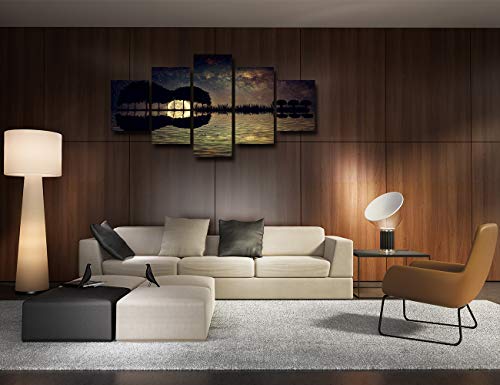 Guitar Island Moonlight Wall Decor Canvas Prints Starry Sky Picture 5 Panel Wall Art For Living Room Home Guitar Painting Landscape Poster Framed Contemporary Artwork Ready To Hang(60''Wx32''H) #TOP2