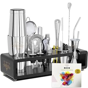 Elite Mixology Bartender Kit 20-Piece Boston Cocktail Shaker Set for Mixing with Stand- Indestructible Bar Accessories Bartending Kit, Cocktail Bar Set, Bartender Set, Bonus Recipe Cards Bar Tools