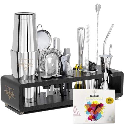 Elite Mixology Bartender Kit 20-Piece Boston Cocktail Shaker Set for Mixing with Stand- Indestructible Bar Accessories Bartending Kit, Cocktail Bar Set, Bartender Set, Bonus Recipe Cards Bar Tools