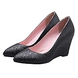 high heels wedges geschlossen MISSUIT Damen Keilabsatz High Heels Glitzer Pumps Spitz Wedges 8cm Absatz Ohne Verschluss Schuhe(Schwarz,38)