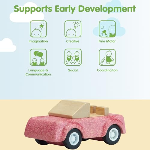 Image of PlanToys Pink Sports Car Wooden Montessori Vehicle Toy | Early Movement, Imagination and Practical Life Exploration | Eco Friendly Car for Indoor and Outdoor Play