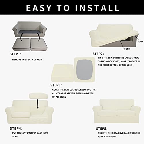 Image of Easy-Going Waterproof 3-Piece Loveseat Cover Couch Covers for Sofa | Stretch Spandex Sofa Cover Protector Elastic Bottom for 2 Cushion Couch Dog Pet Friendly Living Room Ivory