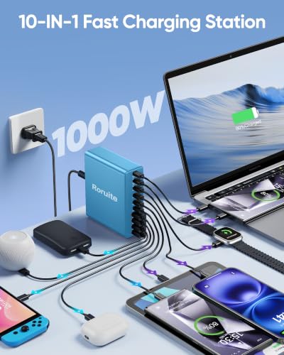 Image of 1000W USB C Charging Station, 120W PD GaN5 Super Fast USB C Charger Block-10 Port, Type C for PC Laptop MacBook Pro /Air Charger Compatible with iPhone 17 16 15 14 13 12 Pro Max, iPad, Galaxy