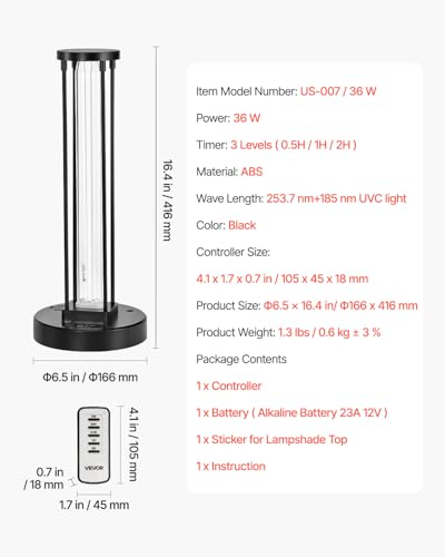 Image of VEVOR UV Light, 36W Ultraviolet Lamp with Ozone Purifier, UVC Lamp with 30 /60 /120 Minutes 3-Gear Timer and Remote Control, for Room up to 400 sqft, UVO Lights for Living Room, Bedroom, Hotel, School