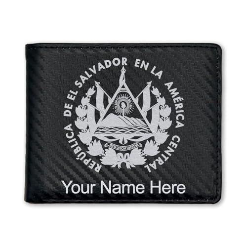 LaserGram Faux Leather Bi-Fold Wallet, Flag of El Salvador, Personalized Engraving Included (Carbon Fiber Black with Silver)