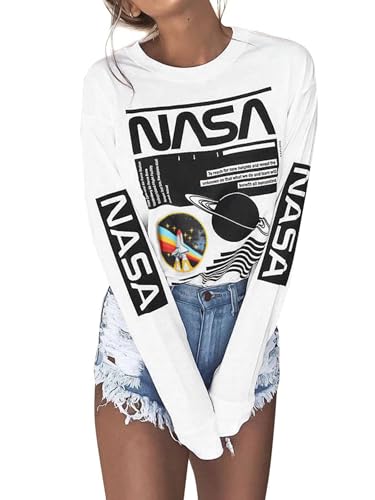 WLLW Women Long Sleeve Graphic Shirts NASA Letter Print Crew Neck Tee Tops Blouse Sweatshirts (White, M)