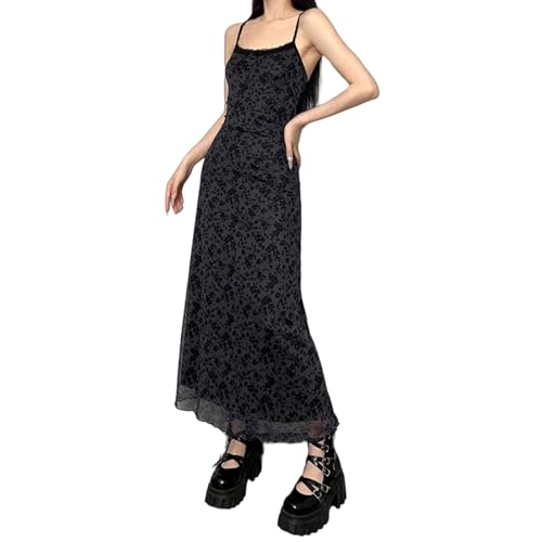 Women Vintage Floral Print Spaghetti Strap Maxi Dress Dark Gothic Sheer Mesh Sleeveless Bodycon Dresses for Party Club2