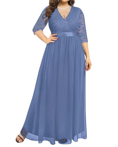 Image of Pinup Fashion Wedding Dresses for Bride Plus Size - Formal Evening Gown Wrap Neck Lace Chiffon Long Dress