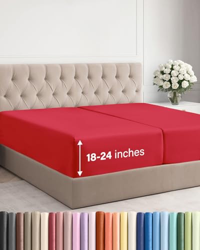 Image of Extra Deep Split King Fitted Sheet - Single Fitted Sheet Only - Red | Easily Fits 18 inch to 24 inch Mattress, Soft, Wrinkle Free, Breathable & Comfy, Extra Deep Pockets Hotel Luxury Fitted Sheet
