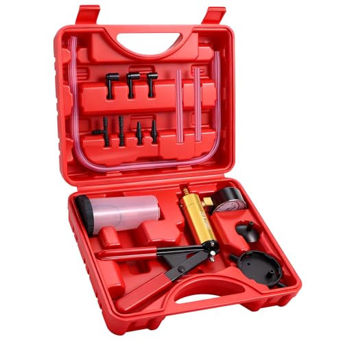 ZEAJSRU Handheld Vacuum Pump Brake Bleeder Kit with Pressure Gauge Brake Fluid Bleeding Tool Set with Hoses Adapters and Reservoir Automotive Brake Bleeding & Vacuum Diagnostic Test Kit (-red-)