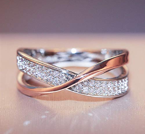 Yaya Two-Tone Intertwined Crossover Ring Silver Rose Gold Plated Inlaid Cubic Zirconia Twist Band Anniversary Ring Wedding Engagement Ring Jewelry Gift for Women