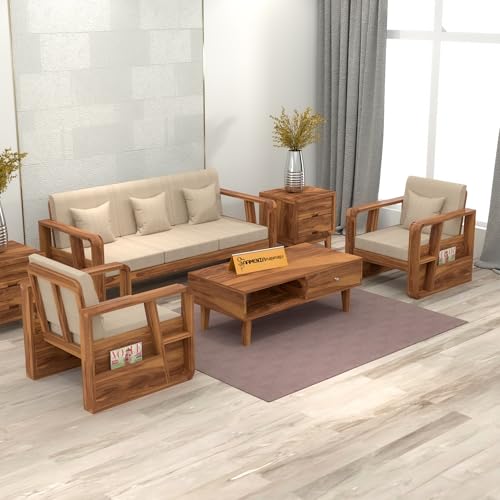 Image of Sheesham Wooden 5 Seater Sofa for Living Room | Solid Wood Sofa with Side Newspaper Holder | Rosewood Sofa Set for Home & Office | Lounge (Honey Finish, 3+1+1 Seater)