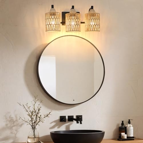 Image of FRIDEKO HOME Farmhouse 3-Light Bathroom Vanity Light - Rattan Light Fixtures Wall Sconce Bathroom Lighting Fixtures Over Mirror with Boho Woven Lampshade for Bedroom Living Room Hallway