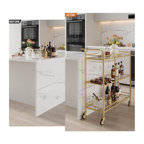 Image of Gold Bar Cart, Home Bar Serving Cart with Handle, Wine Cart with 3-Tier Glass Shelves, Beverage Cart with Wine Rack and Glass Holder, Bar Carts for The Home, Dining Room, Living Room