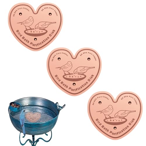 BKMAMLAB 3-Pack 99.99% Pure Copper Bird Bath Purification Disk,Copper Disc with Stable Triple-Point Support,Fits All Outdoor Bird Baths(Heart-Shaped)