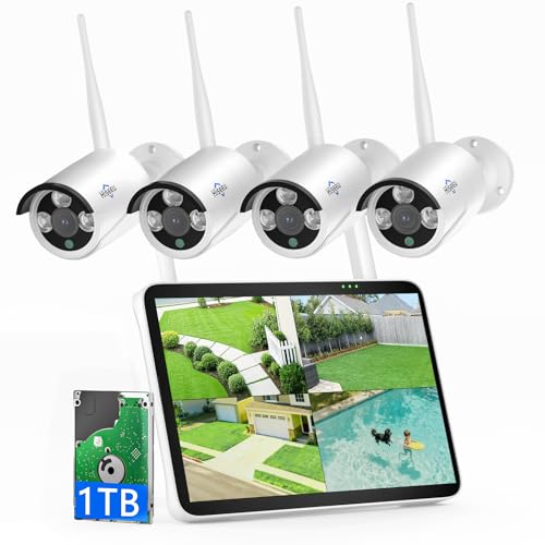 Hiseeu 4K Security Camera System, 24/7 Recording, 10.1" Touch Screen LCD 8MP Monitor, Wired Plug-in Powered 4Pcs 8MP Outdoor Cameras, Two-Way Audio, Color Night Vision, Motion Detection, 1TB HDD, IP66