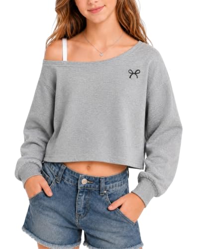 Image of Xumplo Girls Long Sleeve Sweatshirt Off Shoulder Pullover for Kids Bow Print Top Casual Daily Wear (Grey, 13T)