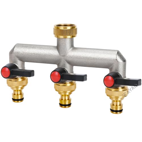 VAYALT 3-Wege Wasserhahn Wasserverteiler, 3-Wege Verteiler Wasser 3/4 Zoll Messing Wasseranschluss Verteile, Gartenschläuche mit 3/4" Adapter, Kugelhahn für großen Garten Bewässerung GartenschläUche