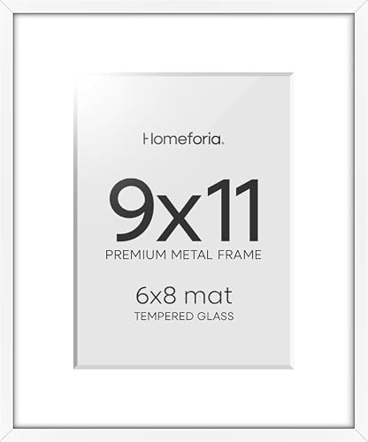 Homeforia 9x11 White Picture Frame, High-End Metal, 6x8 Mat, Glass