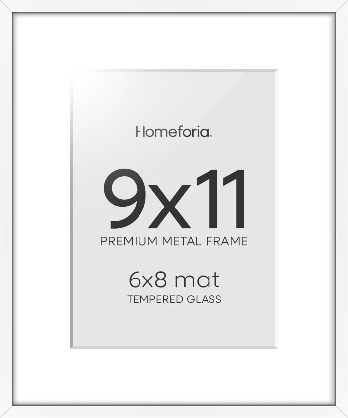 Image of Homeforia 9x11 White Picture Frame, High-End Metal, 6x8 Mat, Glass | High End Aluminum, Tempered Glass, Acid-Free 6x8 Removable Mat, 9x11 in Edge-to-Edge Display 11x9, Wall Kit, Set Of 1