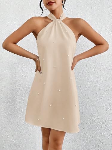 Image of Floerns Women's Pearl Beaded Halter Twist Sleeveless Tie Back Dress A Line Dress