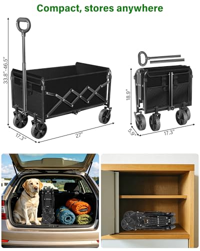 Image of Collapsible Wagons Carts Foldable Wagon, Foldable Wagon Cart with Wheels, Folding Wagons for Beach Camp Sports Garden, 2 Cup Holders /Lightweight Portable /Black /280 LBS