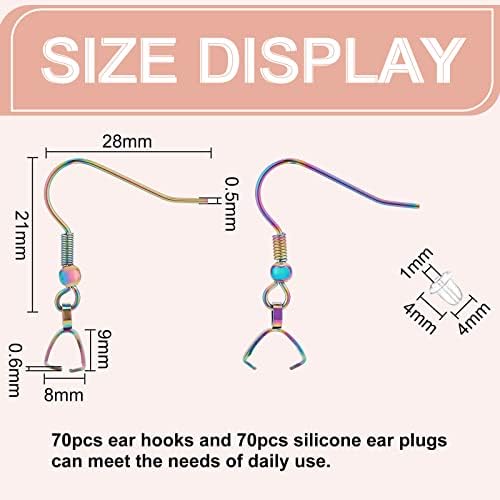 BENECREAT 70Pcs Stainless Steel Earring Hooks, Rainbow Color Wire Ear Ball Hooks with Pendant Clasp, French Wire Hooks for Earring Jewelry Making