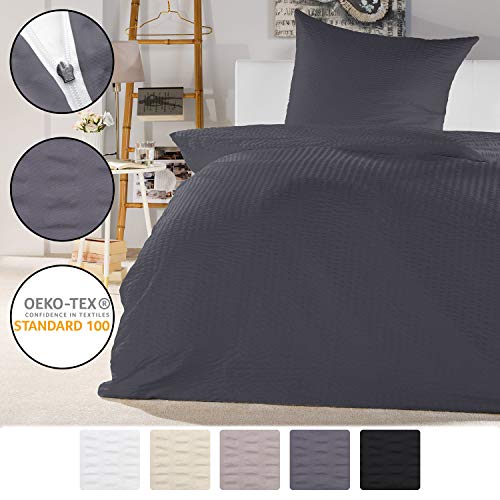 Beautissu Set Copripiumino Jette - Coordinato Lenzuola a Sacco per Letti 155x220 con Federa per Cuscino 80x80 Antracite