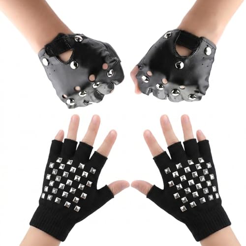 GWEOR Mitaine Cuir, Mitaines Homme, 2 Paire Sans Doigts en Cuir, Gothique Élégants Gants Punk Sans Doigts Femme pour Halloween Femmes Filles Cosplay...