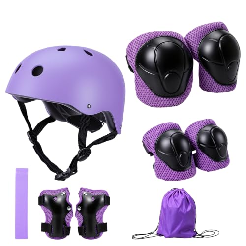 Vexnaro Equipo de Proteccion Infantil con Casco Ajustable,Rodilleras Coderas y Muñequeras 9 Piezas con Mochila y Banda,Set para Patinaje Ciclismo Monopatin,Protecciones para Niños (Púrpura)