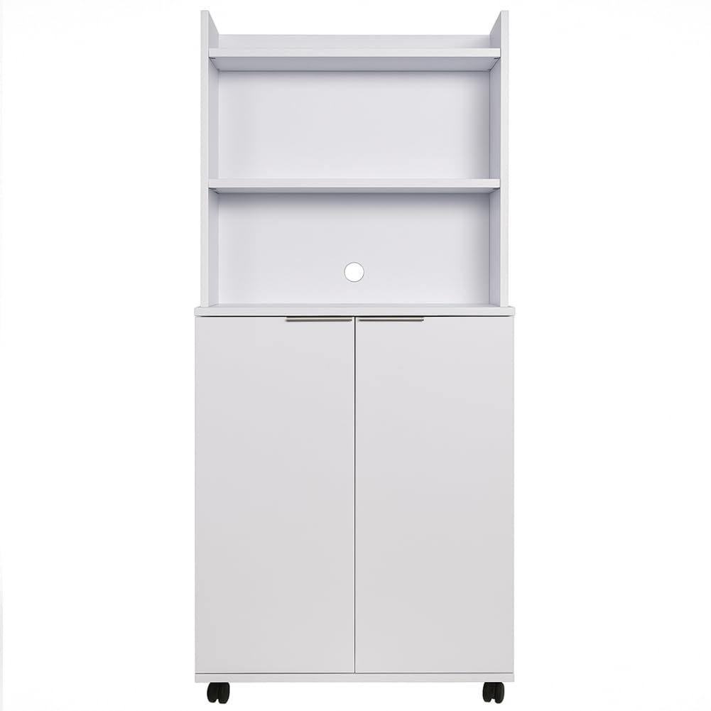 BAKAJI Coffee Station da Ufficio Mobile con 4 Ruote Piroettanti con Freno, Armadio Salvaspazio Stazione del Caffè, Credenza Angolo Bar e Snack Multiuso, Mobiletto con 2 Ante Bianco