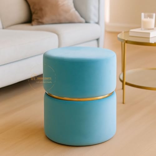 Image of Wooden Puffy Stool for Living Room Round Footstool - Ottoman Stool for Living Room Furniture Round Ottoman - Sitting Pouffe Ottoman Stool /Room Dcor /Office Stool - Sky