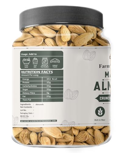 Image of Farm & Farmers Mamra Almonds 250 GM | AA Premium Badam Giri | High In Fiber & Boost Immunity | Whole Natural Badam | Hygienically Packed Healthy Snacks For Adults & Kids.