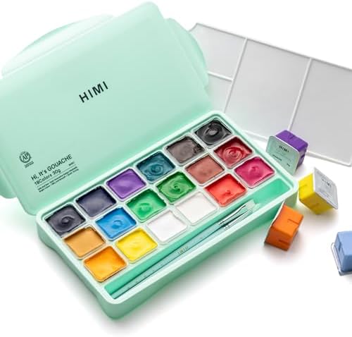 HIMI Gouache Paints Set, 18 Colors, 30g, jelly gouache paint set, Non Toxic Paint for Canvas and Paper, Art Supplies for Professionals, and More (Green Case