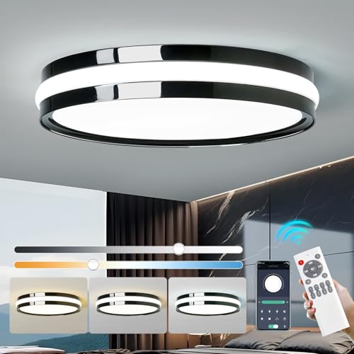 Image of Modern LED Ceiling Light Black 30W Dimmable Flush Mount Light Fixtures with Remote Control 11.8inch Ceiling Lamp for Bedroom Kitchen Island Dining Room LivingRoom Foyer Hallway