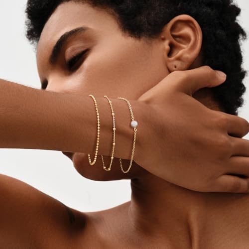 MEVECCO Gold Beaded Bracelets,18K Gold Plated Handmade Cute Satellite Diamond Cut Oval and Round Beads Rope Chain Dainty Bracelet for Women2