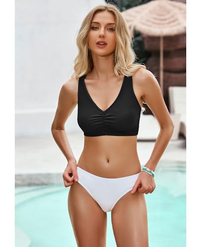 GRAPENT Bikini Tops for Women Ruched Cropped Tankini Tops Beach Adjustable Straps Bathing Suit Padded Swimwear Top Only4