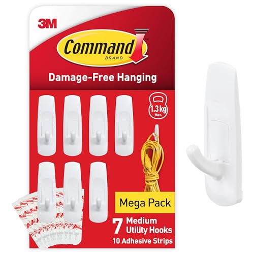 Command Utility Hooks Medium Value Pack of 7 Hooks in White and 10 Adhesive Strips for Indoor and Other Items up to 1.3kg - No Nails No Holes No Drilling (Packaging May Vary)