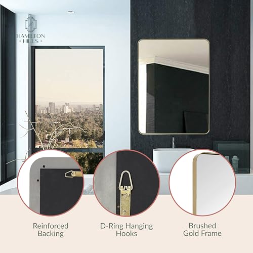 Hamilton Hills 30x40 inch Gold Bathroom Mirror for Wall Decor - Brushed Rectangular Rounded Corner Vanity - 2" Deep Set Design for Large Bathroom Wall Mirrors - Hangs Horizontal and Vertical - Thumbnail 4